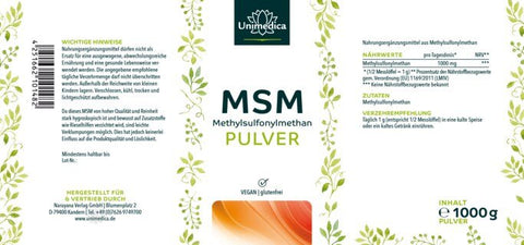 MSM Pulver 400 g Reinheitsgrad 99 % - 1.000 mg pro Tagesdosis (½ Messlöffel) - von Unimedica