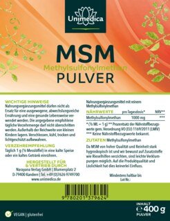 MSM Pulver 400 g Reinheitsgrad 99 % - 1.000 mg pro Tagesdosis (½ Messlöffel) - von Unimedica